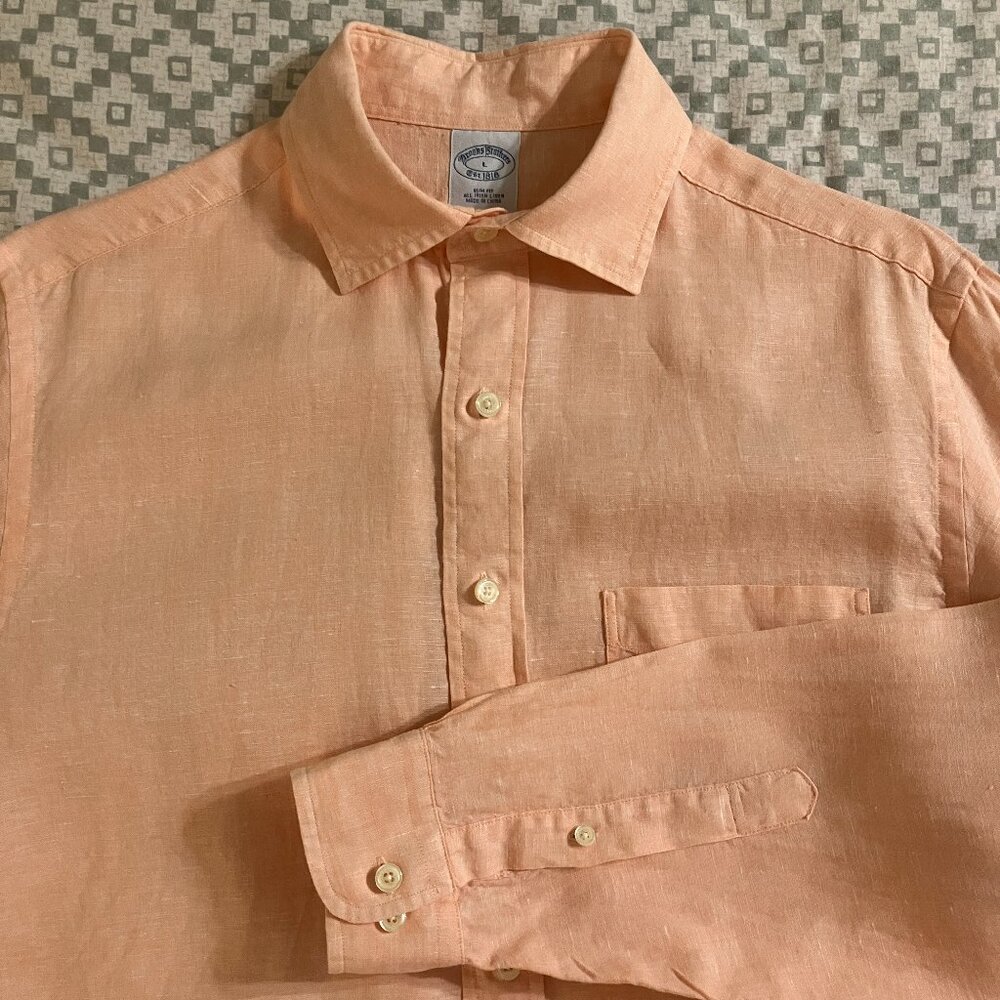 Brooks Brothers Orange Linen Shirt - Size: L
